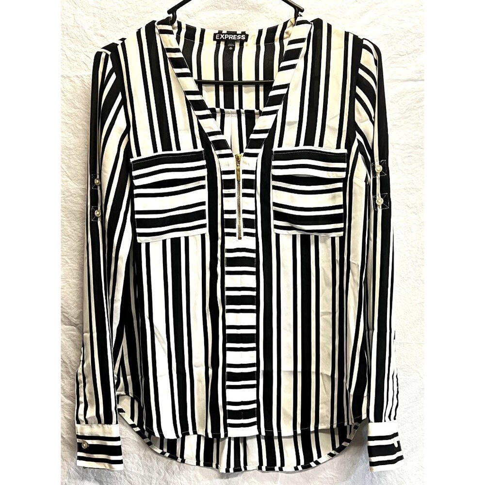 Express Women's Black & White Striped Zip-Front Blouse XS